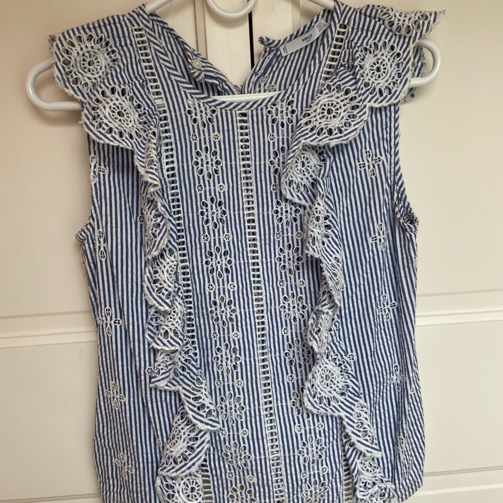 Mango Blue Eyelet Floral Blouse/Top